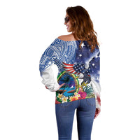 Guam and United States Together Off Shoulder Sweater Bald Eagle and Guam Seal with Flower and Tribal Tattoos - Wonder Print Shop