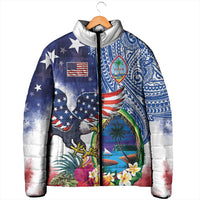 Guam and United States Together Padded Jacket Bald Eagle and Guam Seal with Flower and Tribal Tattoos - Wonder Print Shop