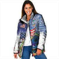 Guam and United States Together Padded Jacket Bald Eagle and Guam Seal with Flower and Tribal Tattoos - Wonder Print Shop