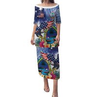 Guam and United States Together Puletasi Bald Eagle and Guam Seal with Flower and Tribal Tattoos - Wonder Print Shop