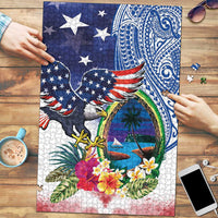 Guam and United States Together Puzzle Bald Eagle and Guam Seal with Flower and Tribal Tattoos - Wonder Print Shop