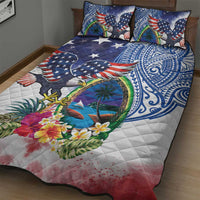 Guam and United States Together Quilt Bed Set Bald Eagle and Guam Seal with Flower and Tribal Tattoos - Wonder Print Shop