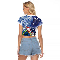Guam and United States Together Raglan Cropped T Shirt Bald Eagle and Guam Seal with Flower and Tribal Tattoos - Wonder Print Shop