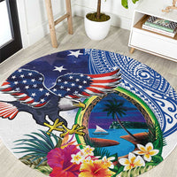 Guam and United States Together Round Carpet Bald Eagle and Guam Seal with Flower and Tribal Tattoos - Wonder Print Shop