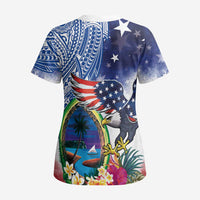 Guam and United States Together Scrub Top Bald Eagle and Guam Seal with Flower and Tribal Tattoos - Wonder Print Shop