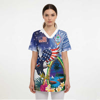 Guam and United States Together Scrub Top Bald Eagle and Guam Seal with Flower and Tribal Tattoos - Wonder Print Shop