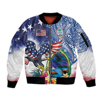 Guam and United States Together Sleeve Zip Bomber Jacket Bald Eagle and Guam Seal with Flower and Tribal Tattoos - Wonder Print Shop