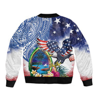 Guam and United States Together Sleeve Zip Bomber Jacket Bald Eagle and Guam Seal with Flower and Tribal Tattoos - Wonder Print Shop