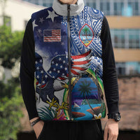 Guam and United States Together Sleeveless Puffer Jacket Bald Eagle and Guam Seal with Flower and Tribal Tattoos - Wonder Print Shop
