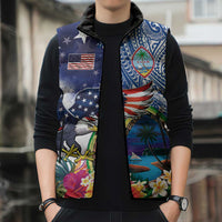 Guam and United States Together Sleeveless Puffer Jacket Bald Eagle and Guam Seal with Flower and Tribal Tattoos - Wonder Print Shop