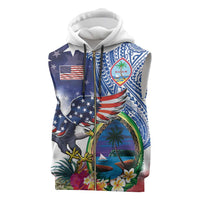 Guam and United States Together Sleeveless Zip Hoodie Bald Eagle and Guam Seal with Flower and Tribal Tattoos - Wonder Print Shop