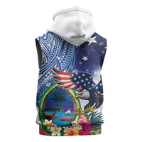 Guam and United States Together Sleeveless Zip Hoodie Bald Eagle and Guam Seal with Flower and Tribal Tattoos - Wonder Print Shop