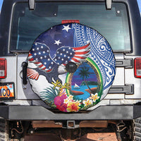Guam and United States Together Spare Tire Cover Bald Eagle and Guam Seal with Flower and Tribal Tattoos - Wonder Print Shop