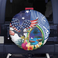 Guam and United States Together Spare Tire Cover Bald Eagle and Guam Seal with Flower and Tribal Tattoos - Wonder Print Shop