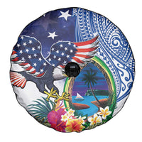 Guam and United States Together Spare Tire Cover Bald Eagle and Guam Seal with Flower and Tribal Tattoos - Wonder Print Shop