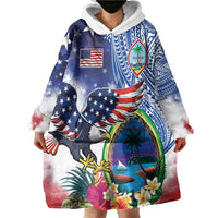 Guam and United States Together Wearable Blanket Hoodie Bald Eagle and Guam Seal with Flower and Tribal Tattoos - Wonder Print Shop