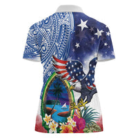 Guam and United States Together Women Polo Shirt Bald Eagle and Guam Seal with Flower and Tribal Tattoos - Wonder Print Shop