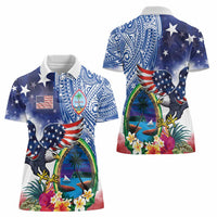 Guam and United States Together Women Polo Shirt Bald Eagle and Guam Seal with Flower and Tribal Tattoos - Wonder Print Shop
