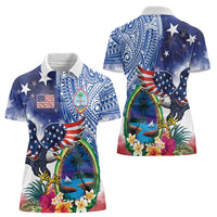 Guam and United States Together Women Polo Shirt Bald Eagle and Guam Seal with Flower and Tribal Tattoos - Wonder Print Shop