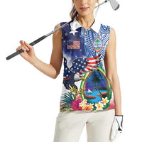 Guam and United States Together Women Sleeveless Polo Shirt Bald Eagle and Guam Seal with Flower and Tribal Tattoos - Wonder Print Shop