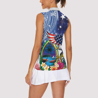 Guam and United States Together Women Sleeveless Polo Shirt Bald Eagle and Guam Seal with Flower and Tribal Tattoos - Wonder Print Shop