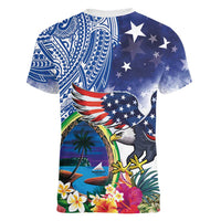 Guam and United States Together Women V-Neck T-Shirt Bald Eagle and Guam Seal with Flower and Tribal Tattoos - Wonder Print Shop