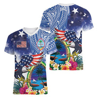 Guam and United States Together Women V-Neck T-Shirt Bald Eagle and Guam Seal with Flower and Tribal Tattoos - Wonder Print Shop
