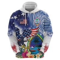 Guam and United States Together Zip Hoodie Bald Eagle and Guam Seal with Flower and Tribal Tattoos - Wonder Print Shop