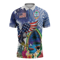 Guam and United States Together Zipper Polo Shirt Bald Eagle and Guam Seal with Flower and Tribal Tattoos - Wonder Print Shop