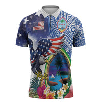 Guam and United States Together Zipper Polo Shirt Bald Eagle and Guam Seal with Flower and Tribal Tattoos - Wonder Print Shop