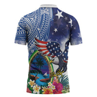 Guam and United States Together Zipper Polo Shirt Bald Eagle and Guam Seal with Flower and Tribal Tattoos - Wonder Print Shop