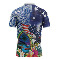 Guam and United States Together Zipper Polo Shirt Bald Eagle and Guam Seal with Flower and Tribal Tattoos - Wonder Print Shop