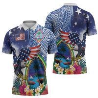 Guam and United States Together Zipper Polo Shirt Bald Eagle and Guam Seal with Flower and Tribal Tattoos - Wonder Print Shop