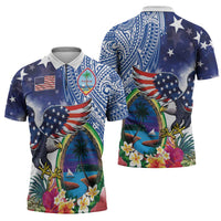 Guam and United States Together Zipper Polo Shirt Bald Eagle and Guam Seal with Flower and Tribal Tattoos - Wonder Print Shop