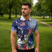 Guam and United States Together Zipper Polo Shirt Bald Eagle and Guam Seal with Flower and Tribal Tattoos - Wonder Print Shop