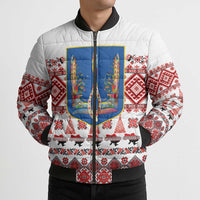 Ukraine Merry Christmas Bomber Puffer Jacket Ukraine Emblem and Vyshyvanka Xmas Style - Wonder Print Shop