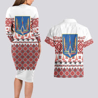 Ukraine Merry Christmas Couples Matching Long Sleeve Bodycon Dress and Hawaiian Shirt Ukraine Emblem and Vyshyvanka Xmas Style - Wonder Print Shop