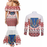 Ukraine Merry Christmas Couples Matching Mermaid Dress and Long Sleeve Button Shirt Ukraine Emblem and Vyshyvanka Xmas Style - Wonder Print Shop