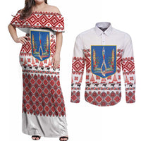 Ukraine Merry Christmas Couples Matching Off Shoulder Maxi Dress and Long Sleeve Button Shirt Ukraine Emblem and Vyshyvanka Xmas Style - Wonder Print Shop