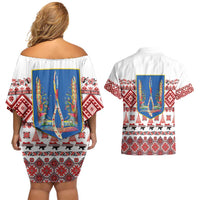 Ukraine Merry Christmas Couples Matching Off Shoulder Short Dress and Hawaiian Shirt Ukraine Emblem and Vyshyvanka Xmas Style - Wonder Print Shop