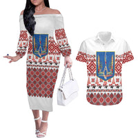 Ukraine Merry Christmas Couples Matching Off The Shoulder Long Sleeve Dress and Hawaiian Shirt Ukraine Emblem and Vyshyvanka Xmas Style - Wonder Print Shop