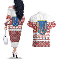 Ukraine Merry Christmas Couples Matching Off The Shoulder Long Sleeve Dress and Hawaiian Shirt Ukraine Emblem and Vyshyvanka Xmas Style - Wonder Print Shop