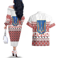 Ukraine Merry Christmas Couples Matching Off The Shoulder Long Sleeve Dress and Hawaiian Shirt Ukraine Emblem and Vyshyvanka Xmas Style - Wonder Print Shop