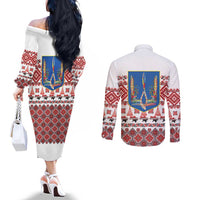 Ukraine Merry Christmas Couples Matching Off The Shoulder Long Sleeve Dress and Long Sleeve Button Shirt Ukraine Emblem and Vyshyvanka Xmas Style - Wonder Print Shop