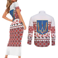 Ukraine Merry Christmas Couples Matching Short Sleeve Bodycon Dress and Long Sleeve Button Shirt Ukraine Emblem and Vyshyvanka Xmas Style - Wonder Print Shop
