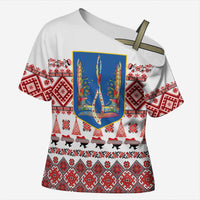 Ukraine Merry Christmas Cross Shoulder Shirt Ukraine Emblem and Vyshyvanka Xmas Style - Wonder Print Shop