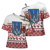 Ukraine Merry Christmas Cross Shoulder Shirt Ukraine Emblem and Vyshyvanka Xmas Style - Wonder Print Shop