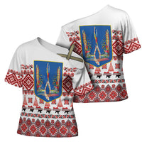 Ukraine Merry Christmas Cross Shoulder Shirt Ukraine Emblem and Vyshyvanka Xmas Style - Wonder Print Shop