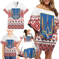 Ukraine Merry Christmas Family Matching Off Shoulder Short Dress and Hawaiian Shirt Ukraine Emblem and Vyshyvanka Xmas Style - Wonder Print Shop