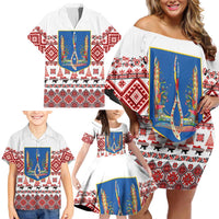 Ukraine Merry Christmas Family Matching Off Shoulder Short Dress and Hawaiian Shirt Ukraine Emblem and Vyshyvanka Xmas Style - Wonder Print Shop
